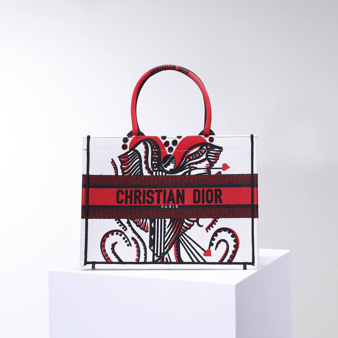 DIR1286 Book Tote big size 36.5cm 41.5cm Oblique Embroidery white red