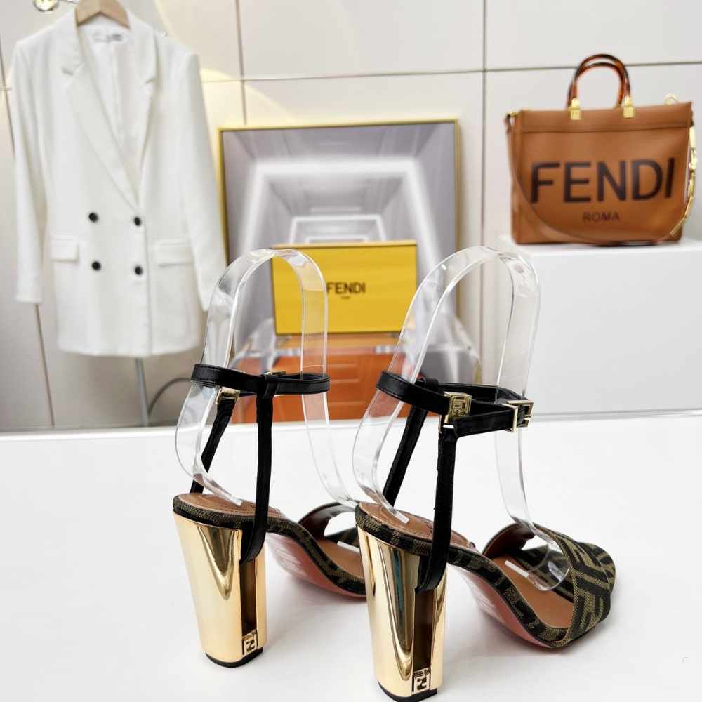 FD DELFINA FF JACQUARD MEDIUM HEELED SANDALS BROWN 8X8663AJZFF1D1C