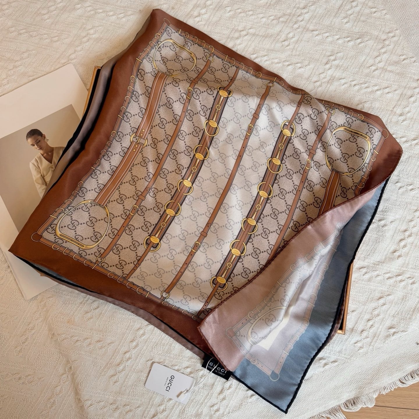 GG HERITAGE PRINT SILK SCARF DARK BROWN 90CM 786222 3G001 2279