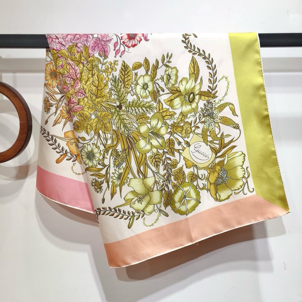 GG FLORAL PRINT SILK SQUARE SCARF IN PINK AND YELLOW 90CM