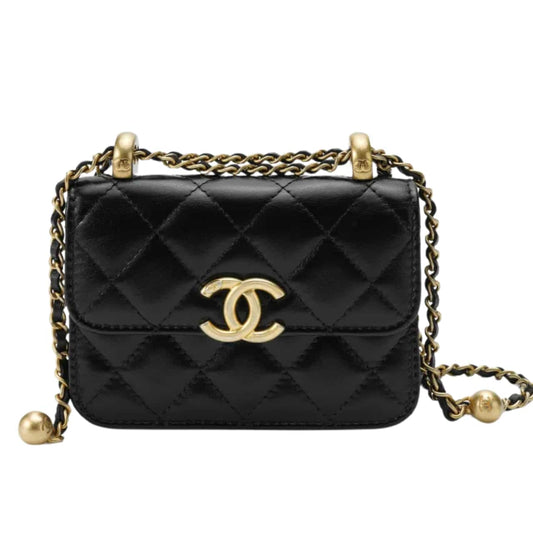 CC 21A MINI FLAP COIN PURSE WITH CHAIN HANDLE SHOULDER CROSSBODY BAG BLACK 12CM