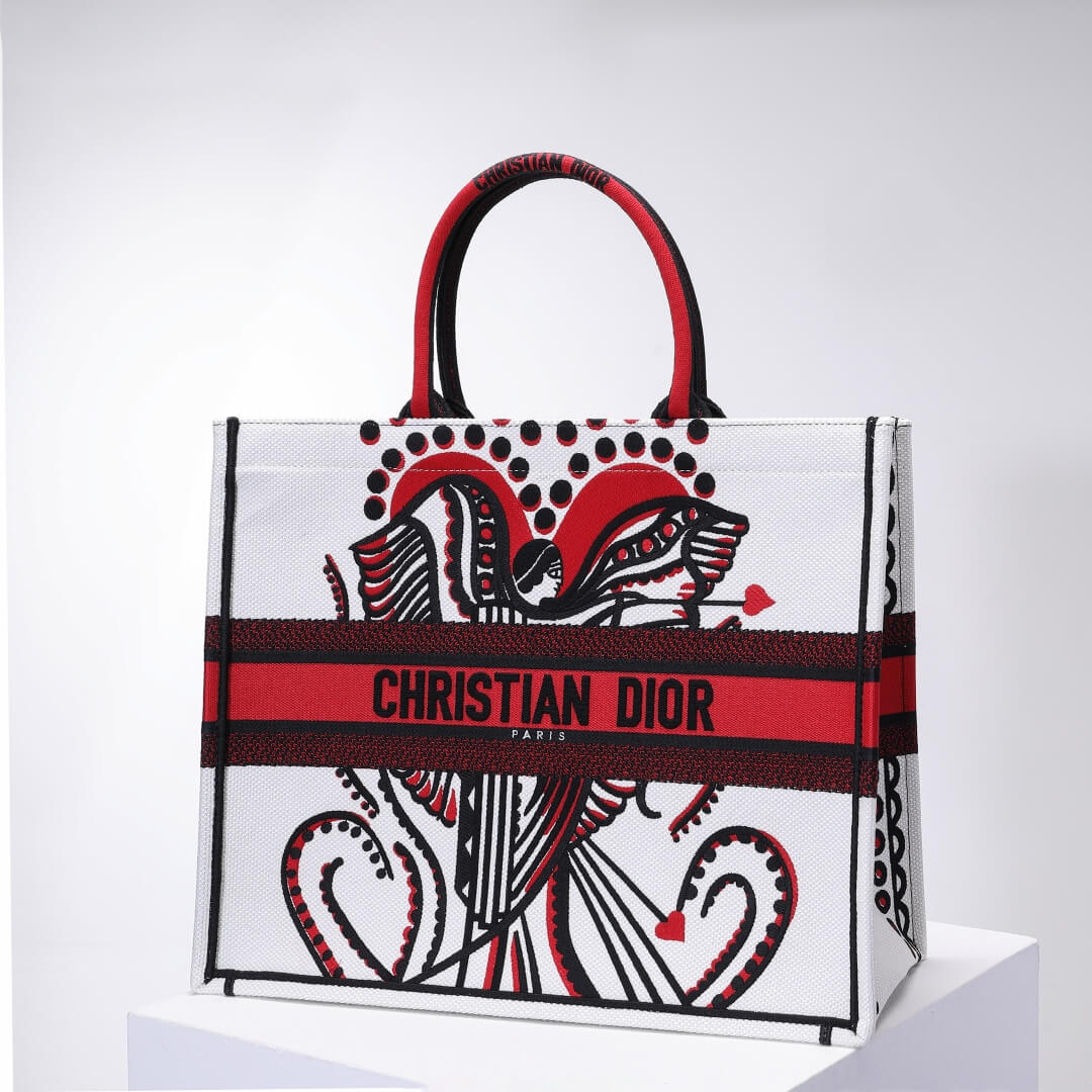 DIR1286 Book Tote big size 36.5cm 41.5cm Oblique Embroidery white red