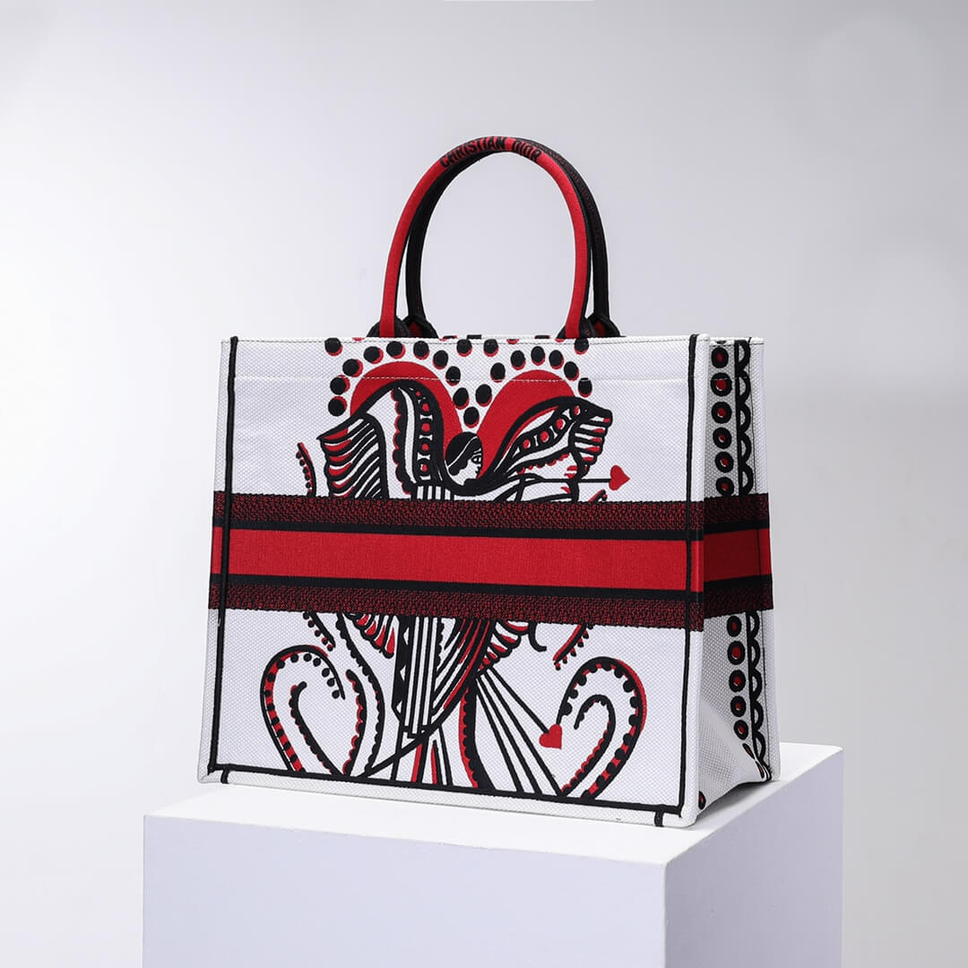 DIR1286 Book Tote big size 36.5cm 41.5cm Oblique Embroidery white red