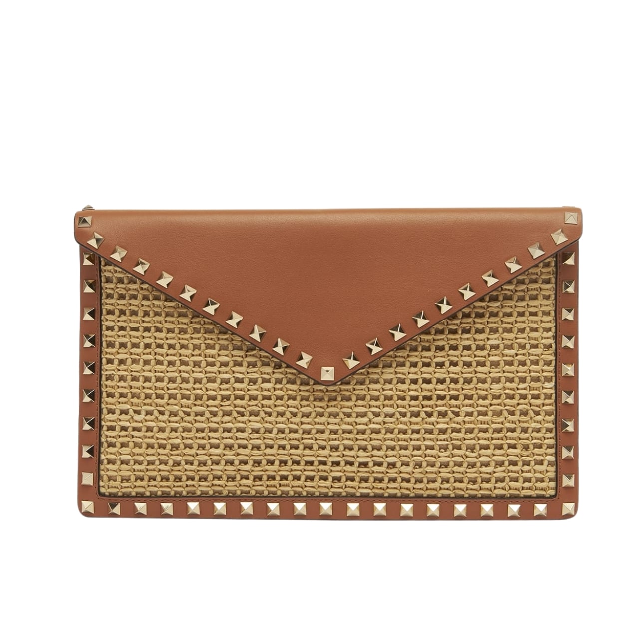 VO GARAVANI ROCKSTUD RAFFIA CLUTCH BAG IN BROWN 28CM