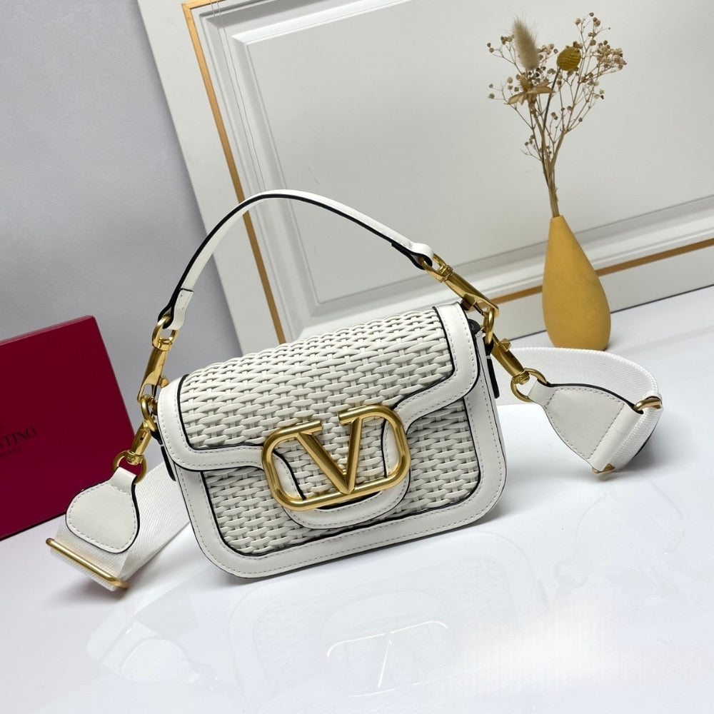 VO GARAVANI ALLTIME VLOGO WOVEN LEATHER SHOULDER BAG WHITE 22CM