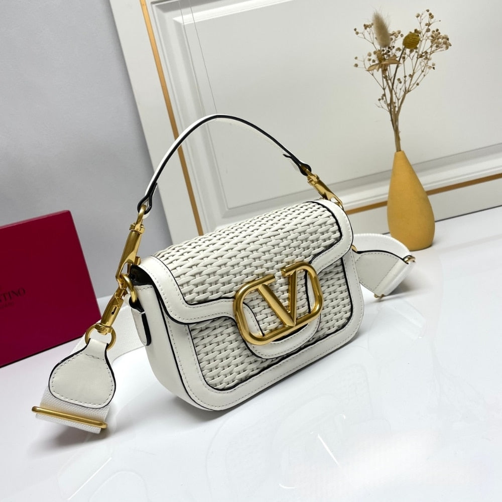 VO GARAVANI ALLTIME VLOGO WOVEN LEATHER SHOULDER BAG WHITE 22CM