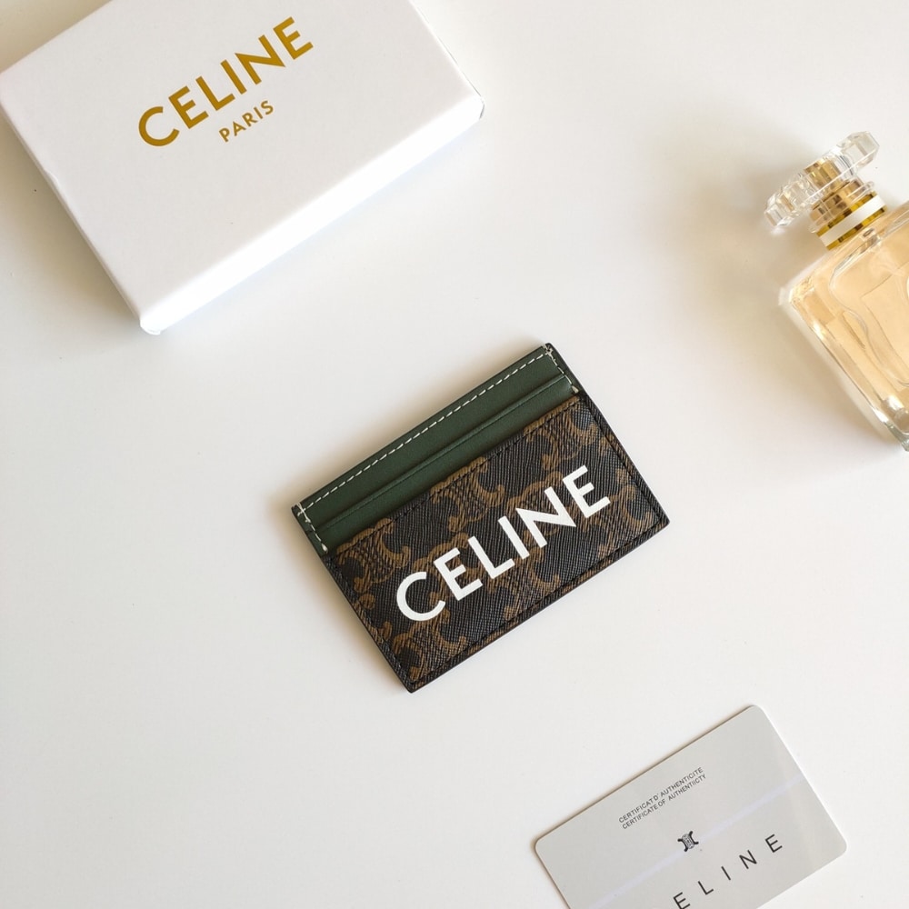 CELINE CARD HOLDER IN TRIOMPHE CANVAS WITH CELINE PRINT GREEN 10CM