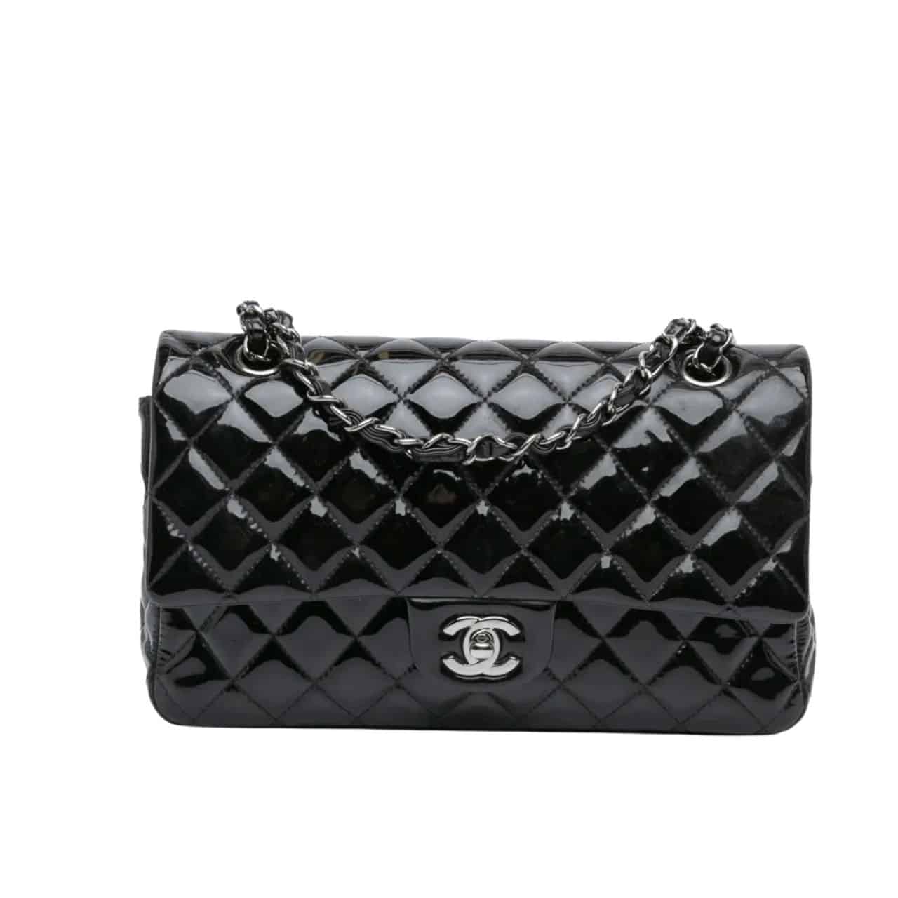 CC MEDIUM CLASSIC DOUBLE FLAP BAG PATENT LEATHER BLACK 26CM