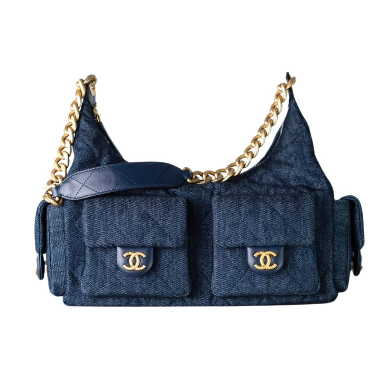 CC LARGE HOBO BAG WASHED DENIM AND GOLD TONE METAL DARK BLUE 31CM