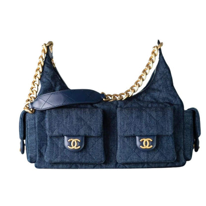 CC LARGE HOBO BAG WASHED DENIM AND GOLD TONE METAL DARK BLUE 31CM