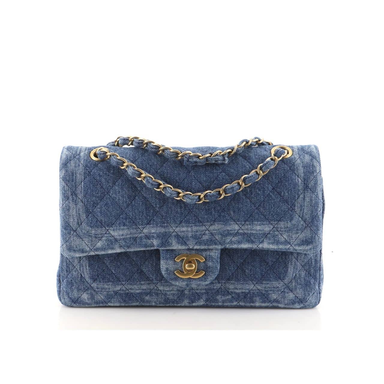 CC CLASSIC DOUBLE FLAP BAG QUILTED PRINTED DENIM MEDIUM BLUE 25CM