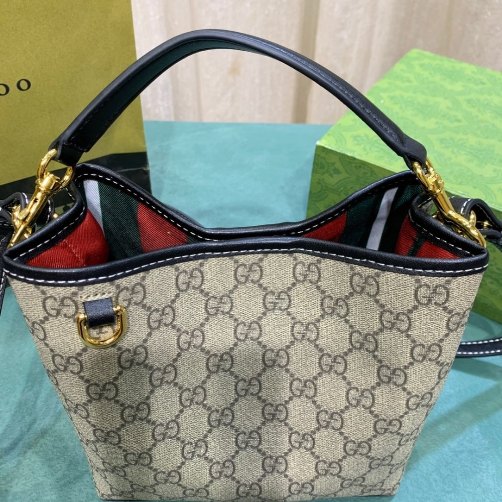 GG GG EMBLEM MINI BUCKET BAG BEIGE AND DARK BROWN 20CM 815118 FAD6L 9741