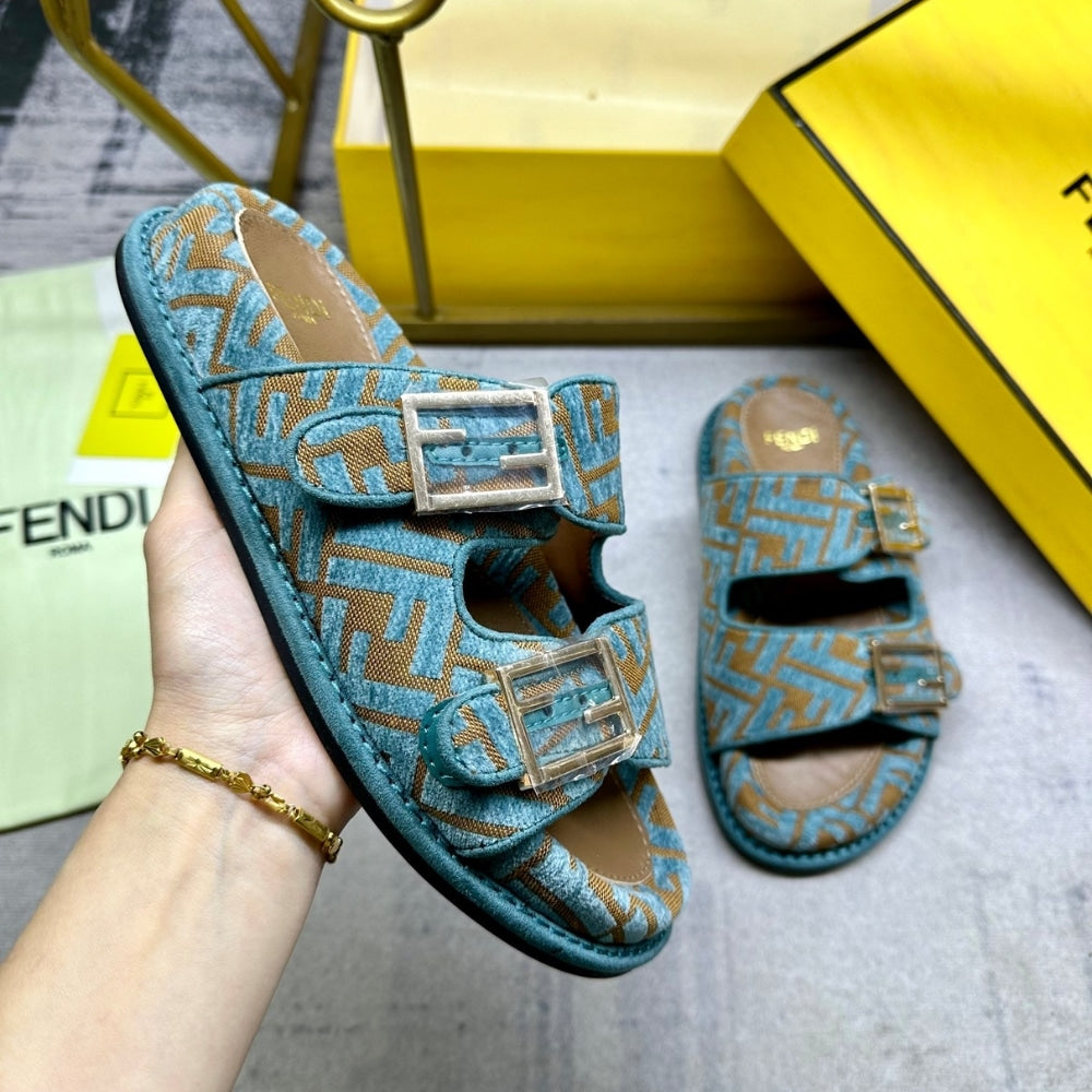 FD FEEL  FF JACQUARD VELVET SLIDES LIGHT BLUE  8X8326AOTMF1R88