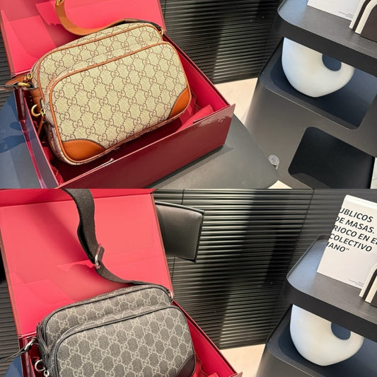 GG GG EMBLEM MEDIUM CROSSBODY BAG BEIGE AND DARK BROWN 23CM 821160 FAED3 9786