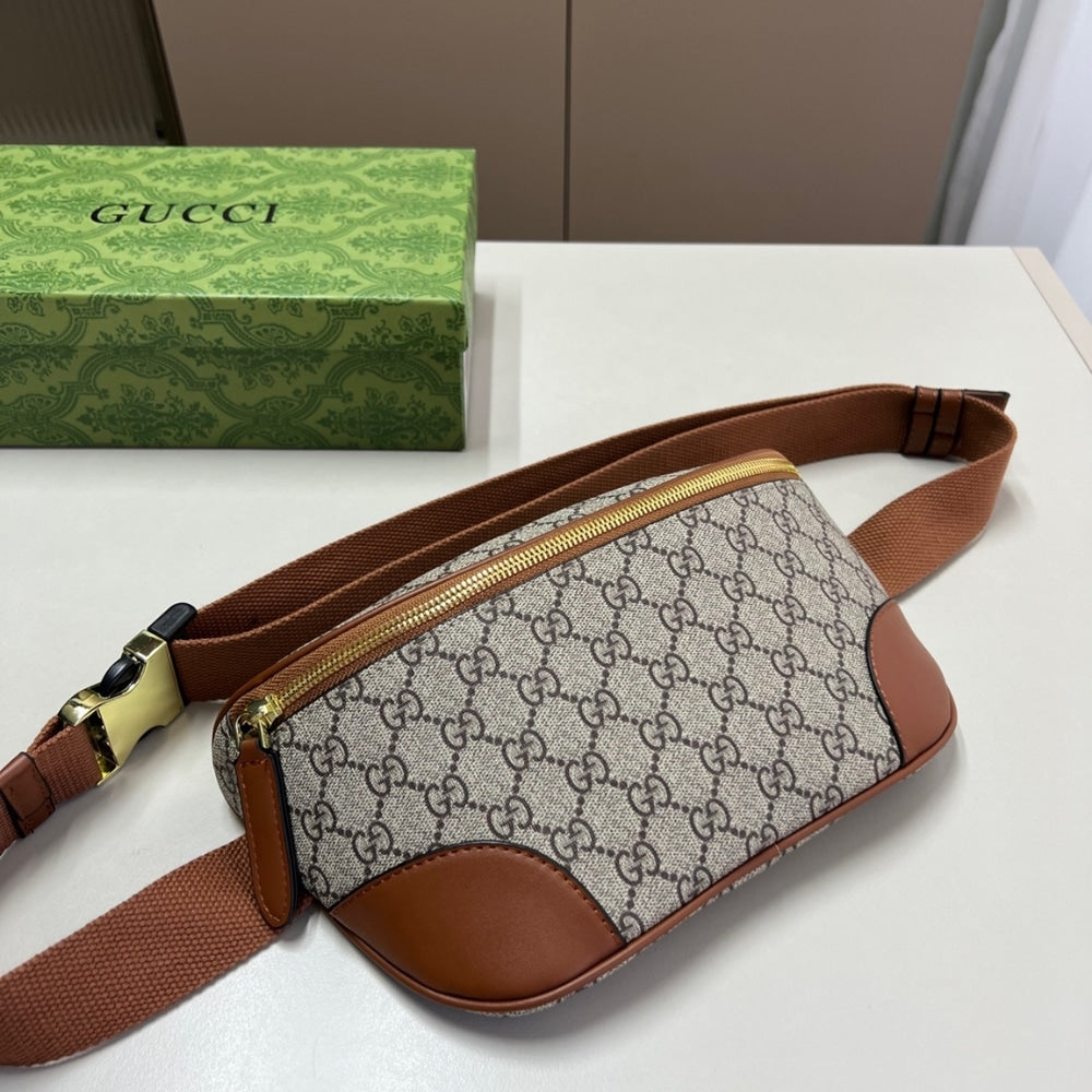 GG GG EMBLEM SMALL BELT BAG BEIGE AND DARK BROWN 23CM ?821165 FAEEC 9786