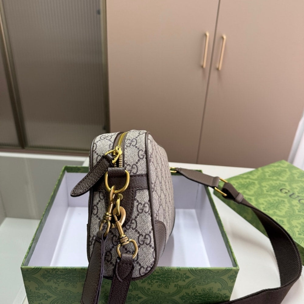 GG GG EMBLEM SMALL CROSSBODY BAG GREY AND DARK BROWN 23CM