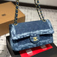 CC CLASSIC DOUBLE FLAP BAG QUILTED PRINTED DENIM MEDIUM BLUE 25CM