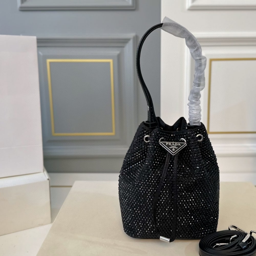 PR SATIN MINI BAG WITH CRYSTALS BLACK 15CM