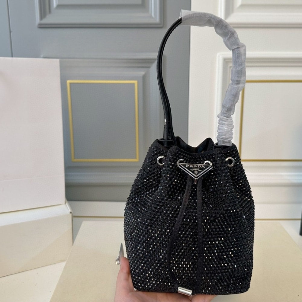 PR SATIN MINI BAG WITH CRYSTALS BLACK 15CM