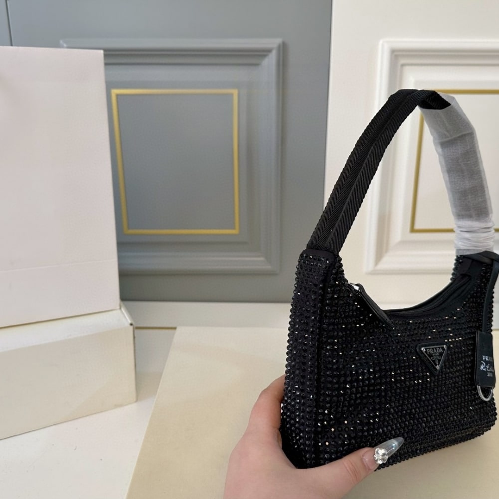 PR RE EDITION SATIN MINI BAG WITH CRYSTALS BLACK 21CM 1BC515 2AWL F0002 V OOO