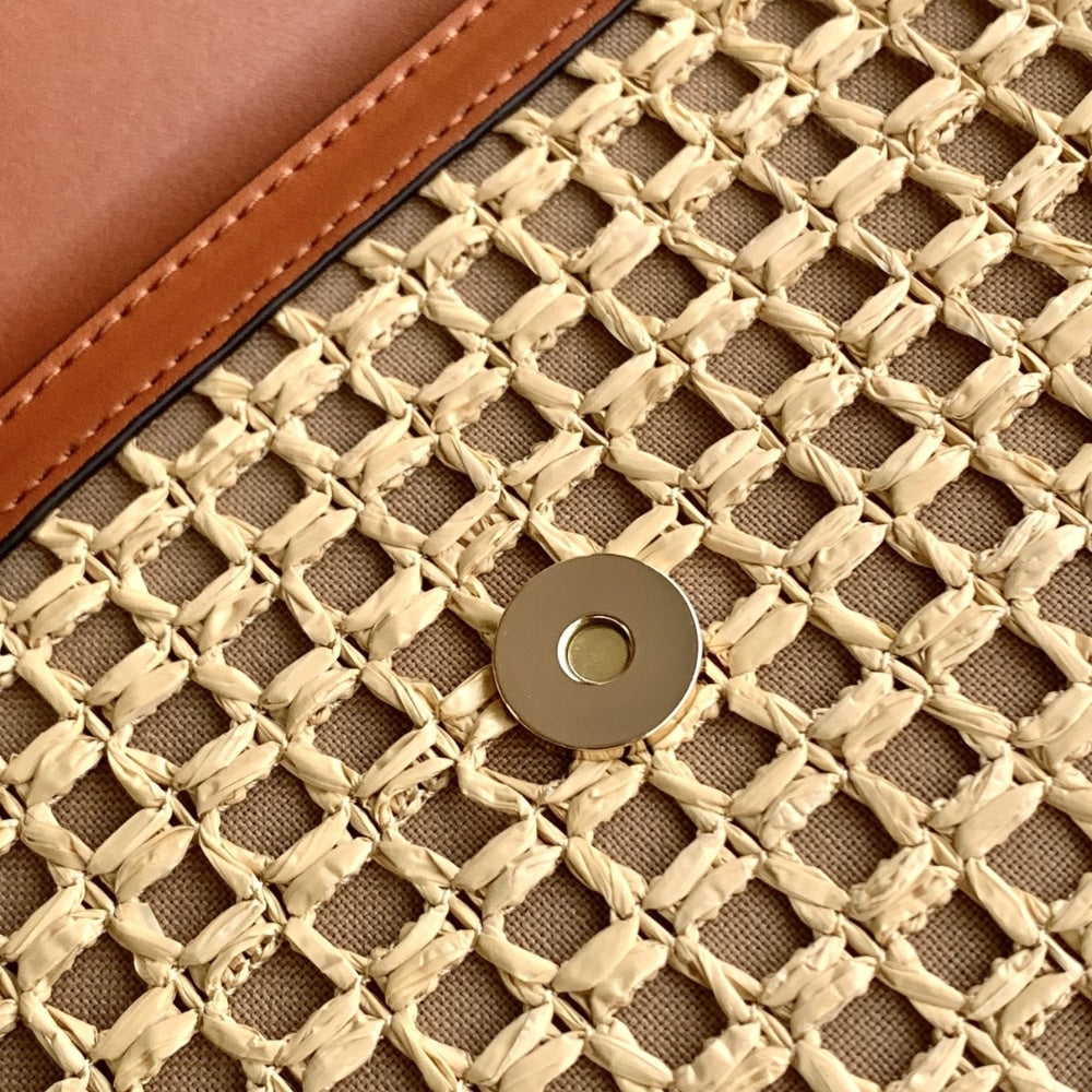VO GARAVANI ROCKSTUD RAFFIA CLUTCH BAG IN BROWN 28CM