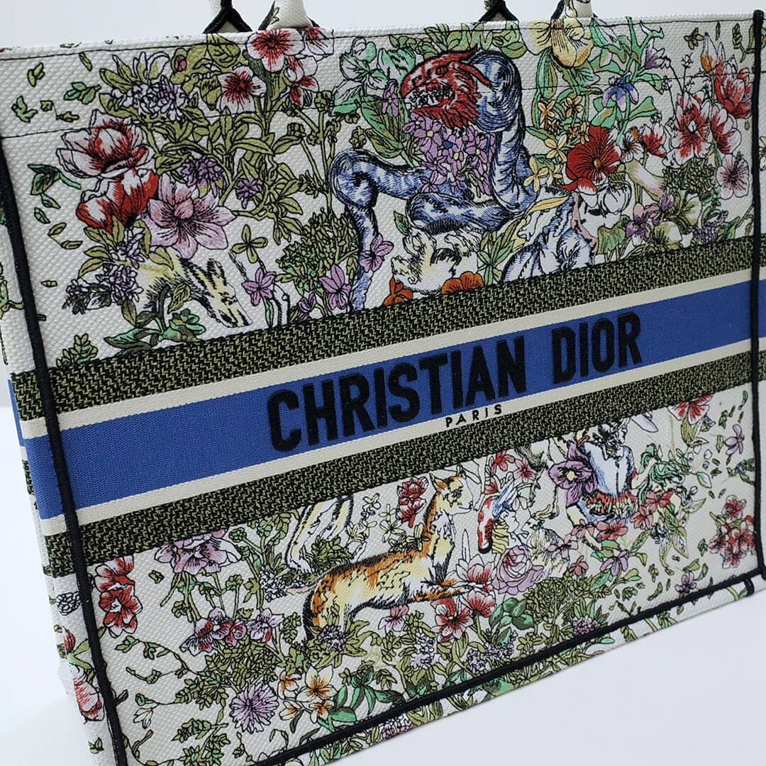 DIR1286 Book Tote green WHITE blue BIG size 41.5cm 36.5cm Embroidery