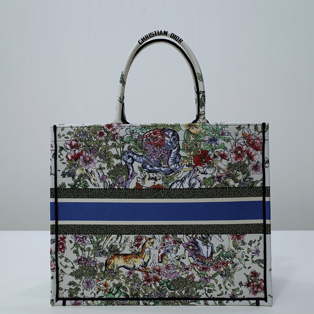 DIR1286 Book Tote green WHITE blue BIG size 41.5cm 36.5cm Embroidery