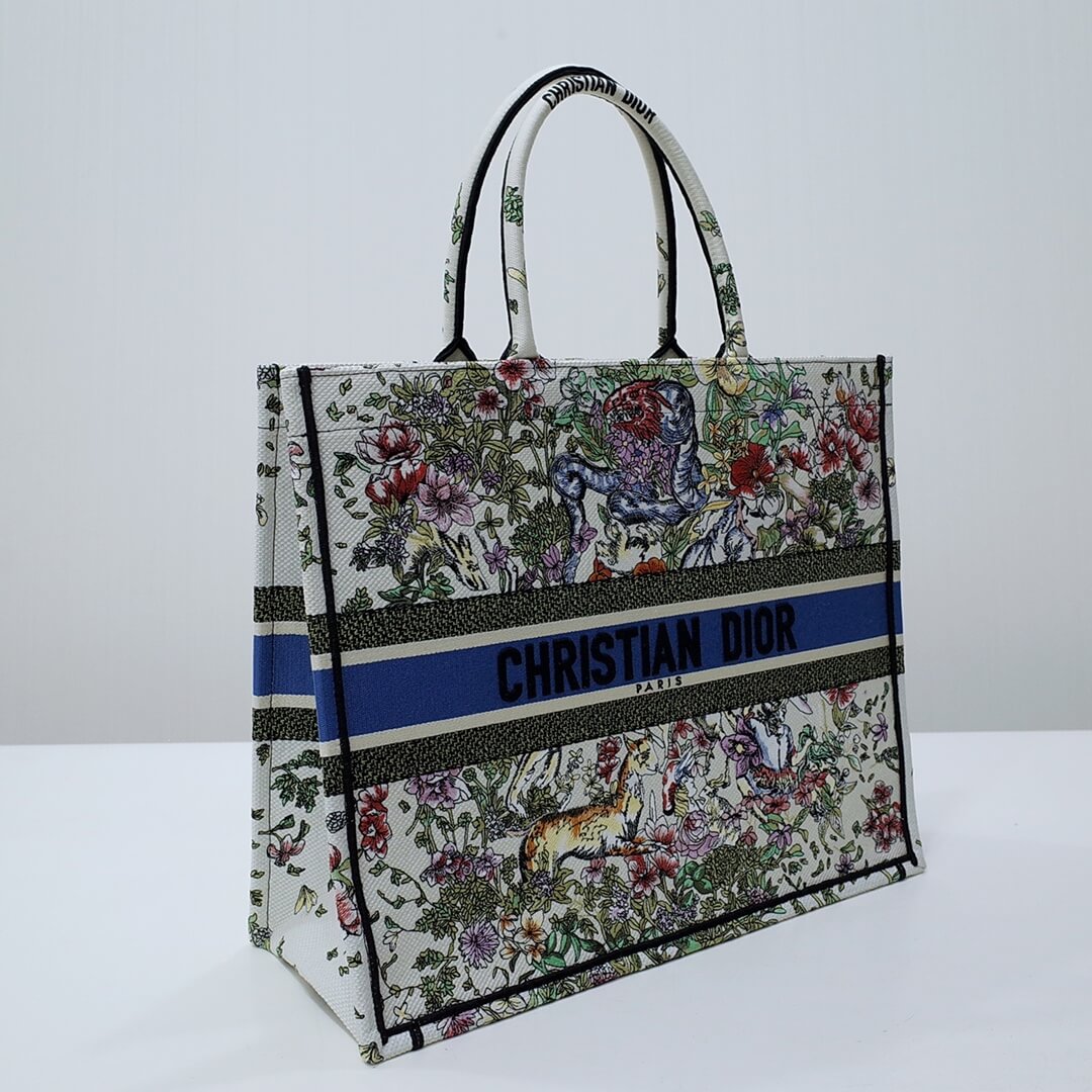 DIR1286 Book Tote green WHITE blue BIG size 41.5cm 36.5cm Embroidery