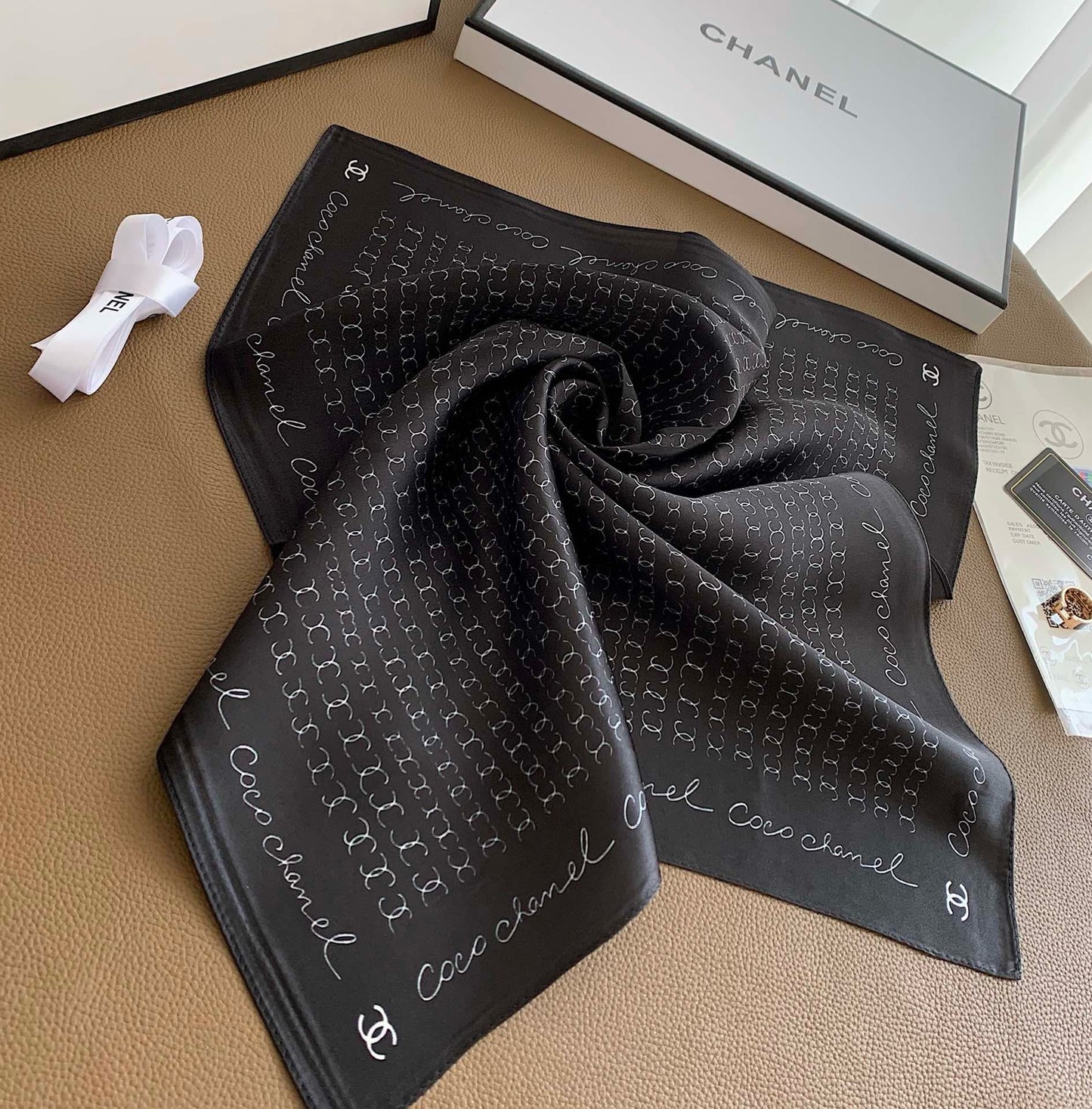 CC COCO SIGNATURE SILK SCARF IN BLACK 70CM