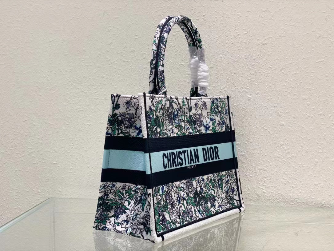 DIR1286 Book Tote bag size 36.5cm 41.5cm Embroidery LOGO Handbag green blue flower