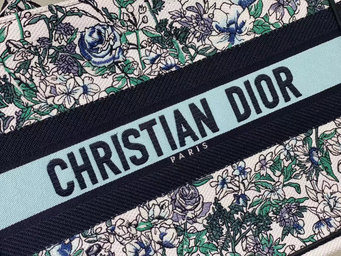 DIR1286 Book Tote bag size 36.5cm 41.5cm Embroidery LOGO Handbag green blue flower