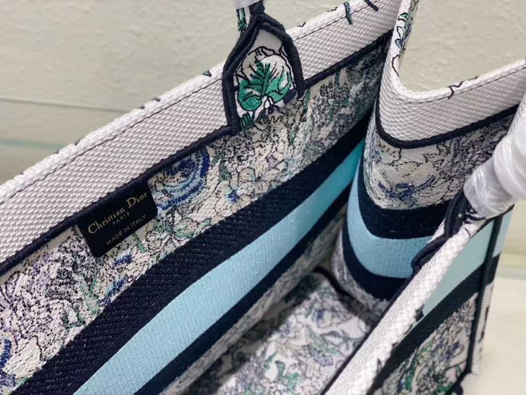 DIR1286 Book Tote bag size 36.5cm 41.5cm Embroidery LOGO Handbag green blue flower
