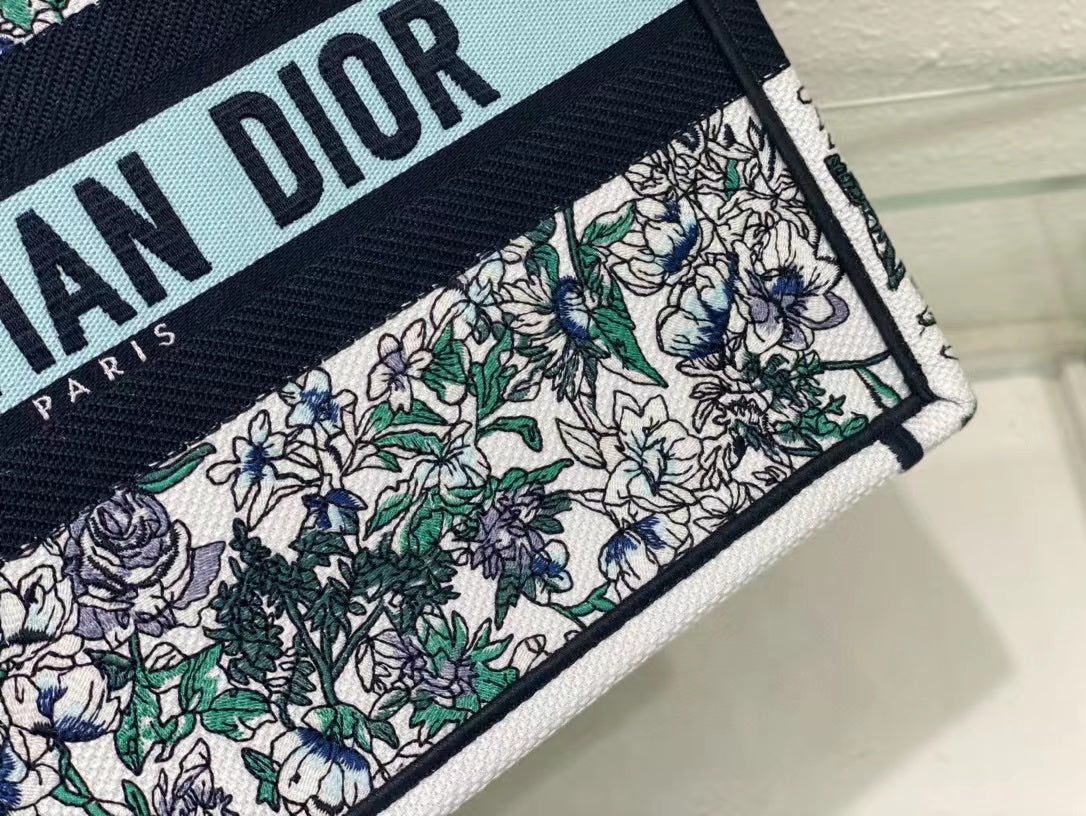 DIR1286 Book Tote bag size 36.5cm 41.5cm Embroidery LOGO Handbag green blue flower