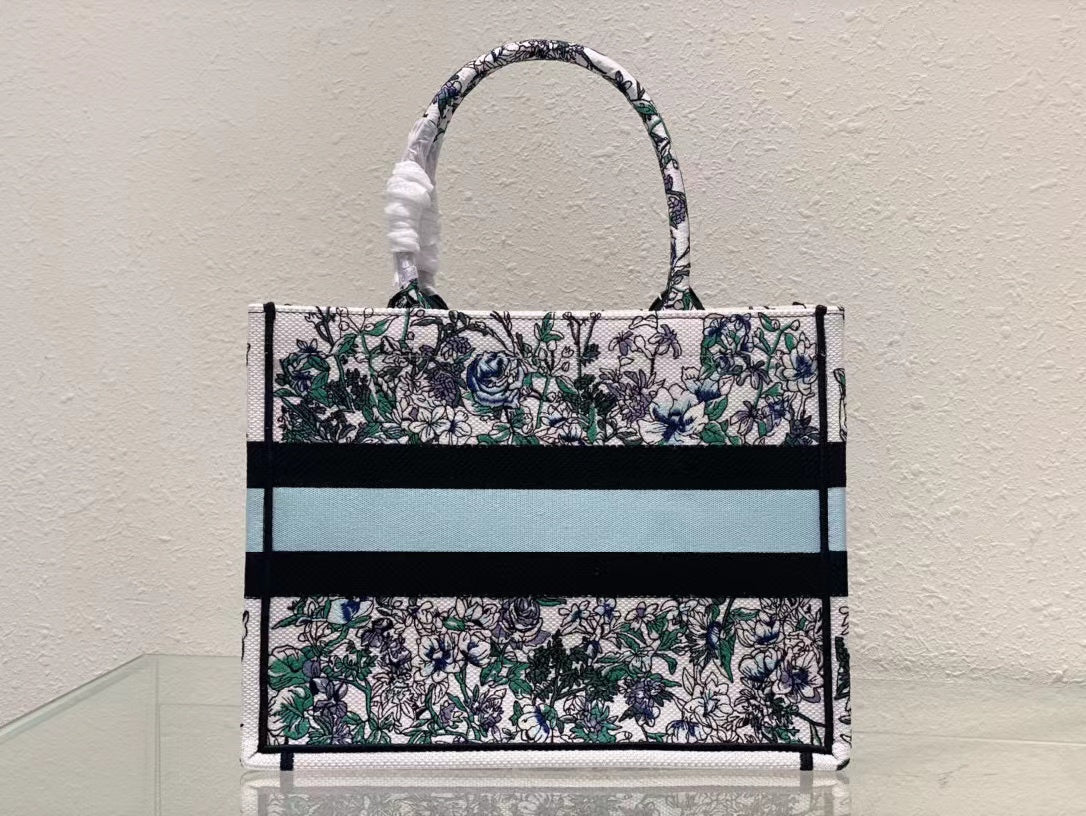 DIR1286 Book Tote bag size 36.5cm 41.5cm Embroidery LOGO Handbag green blue flower