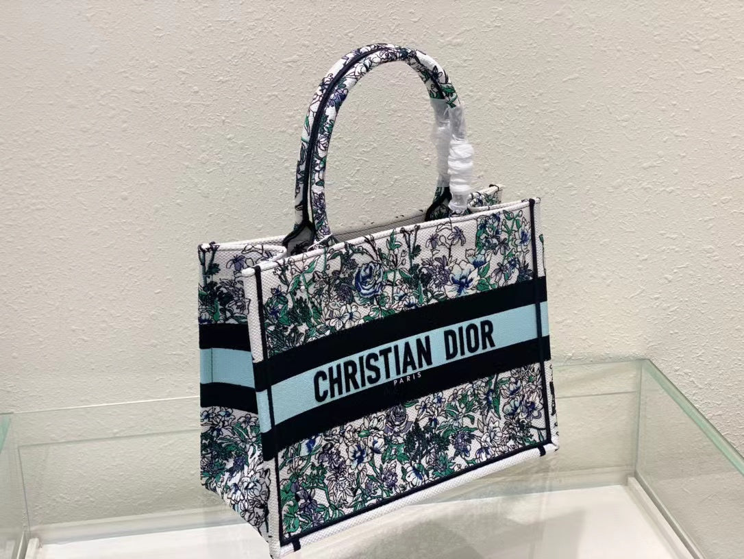 DIR1286 Book Tote bag size 36.5cm 41.5cm Embroidery LOGO Handbag green blue flower
