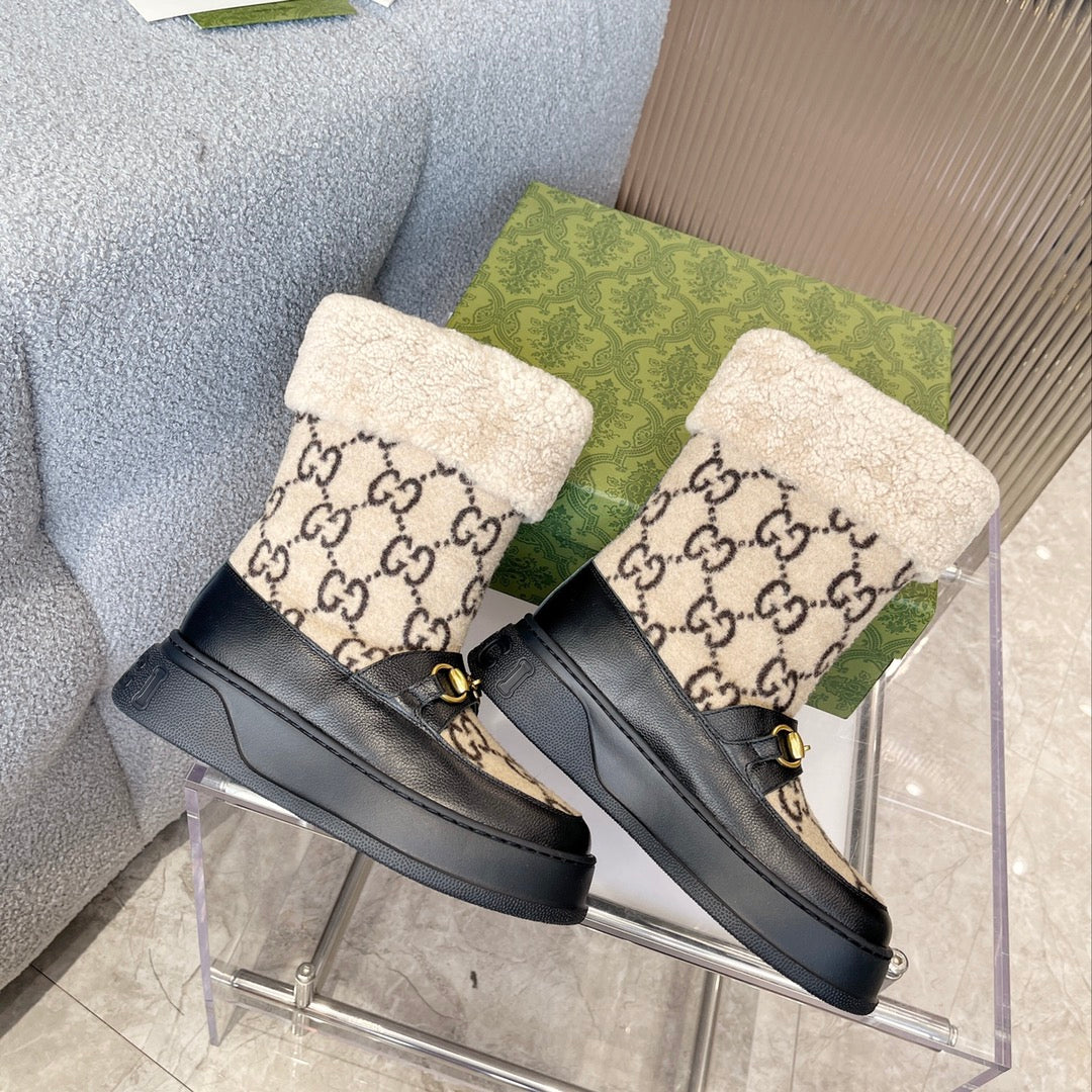 GG 1955 HORSEBIT SNOW BOOTS LEATHER AND SHEARLING IN BLACK BEIGE