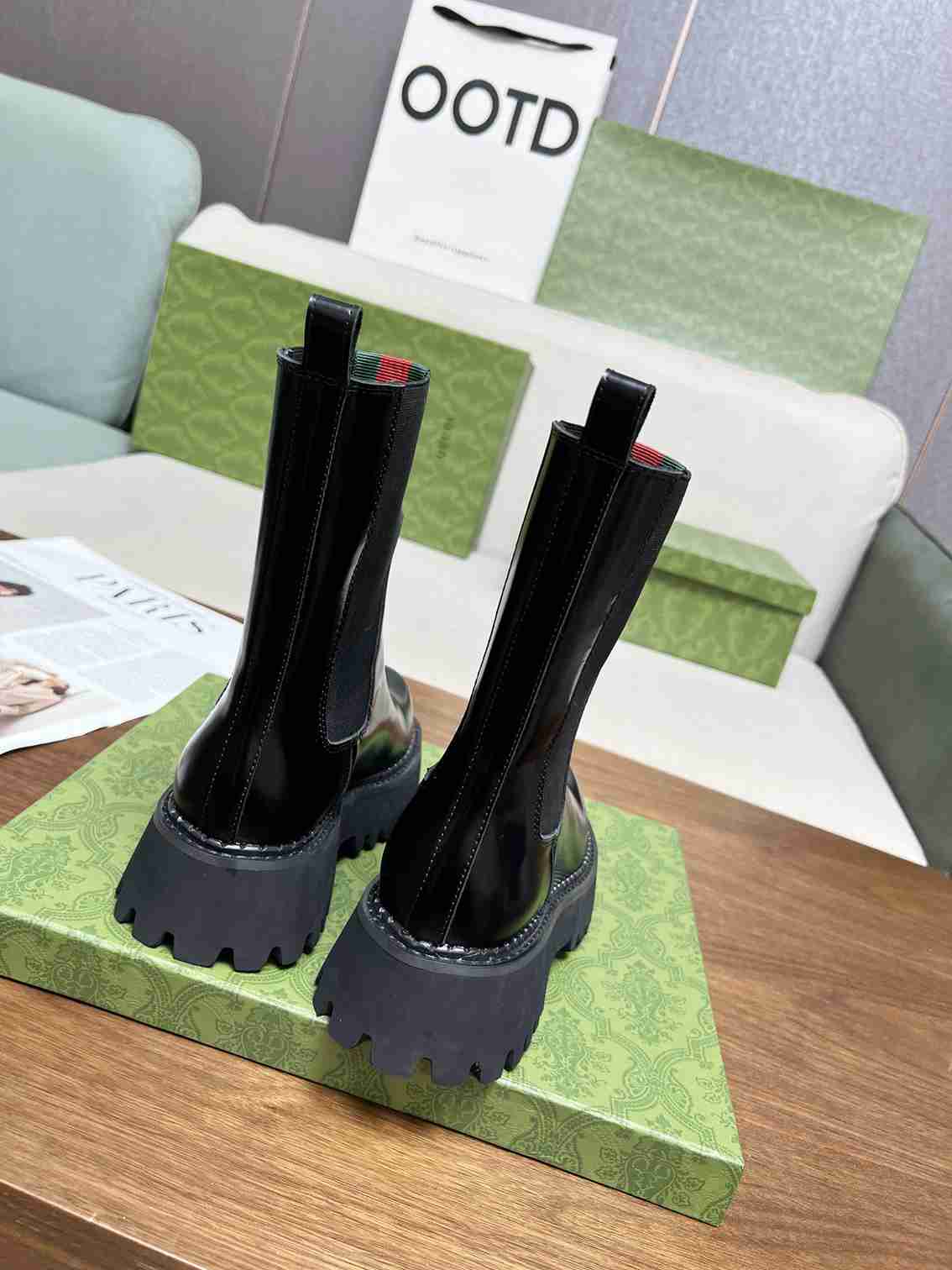 GG WOMEN'S BOOT WITH WEB ANAND LEATHER BLACK ?806398 AAD6T 1052