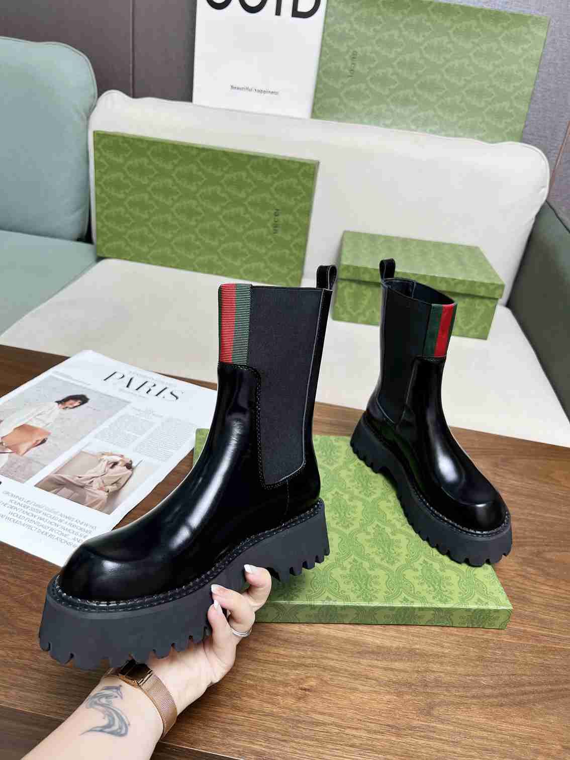GG WOMEN'S BOOT WITH WEB ANAND LEATHER BLACK ?806398 AAD6T 1052