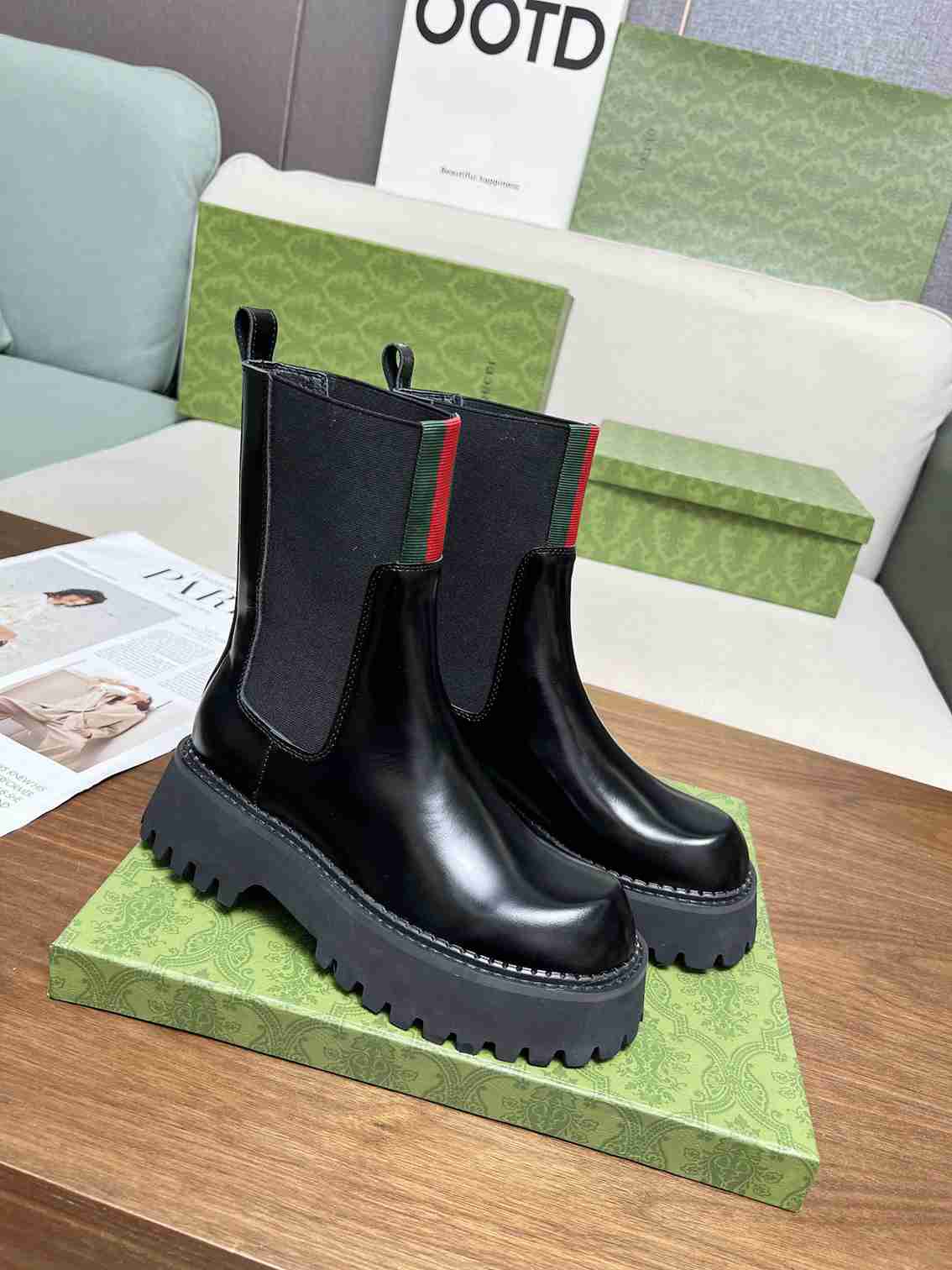 GG WOMEN'S BOOT WITH WEB ANAND LEATHER BLACK ?806398 AAD6T 1052