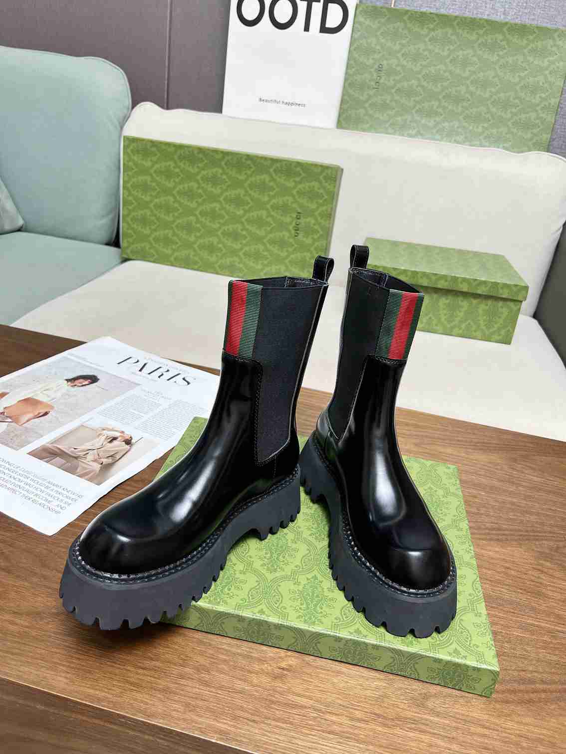 GG WOMEN'S BOOT WITH WEB ANAND LEATHER BLACK ?806398 AAD6T 1052