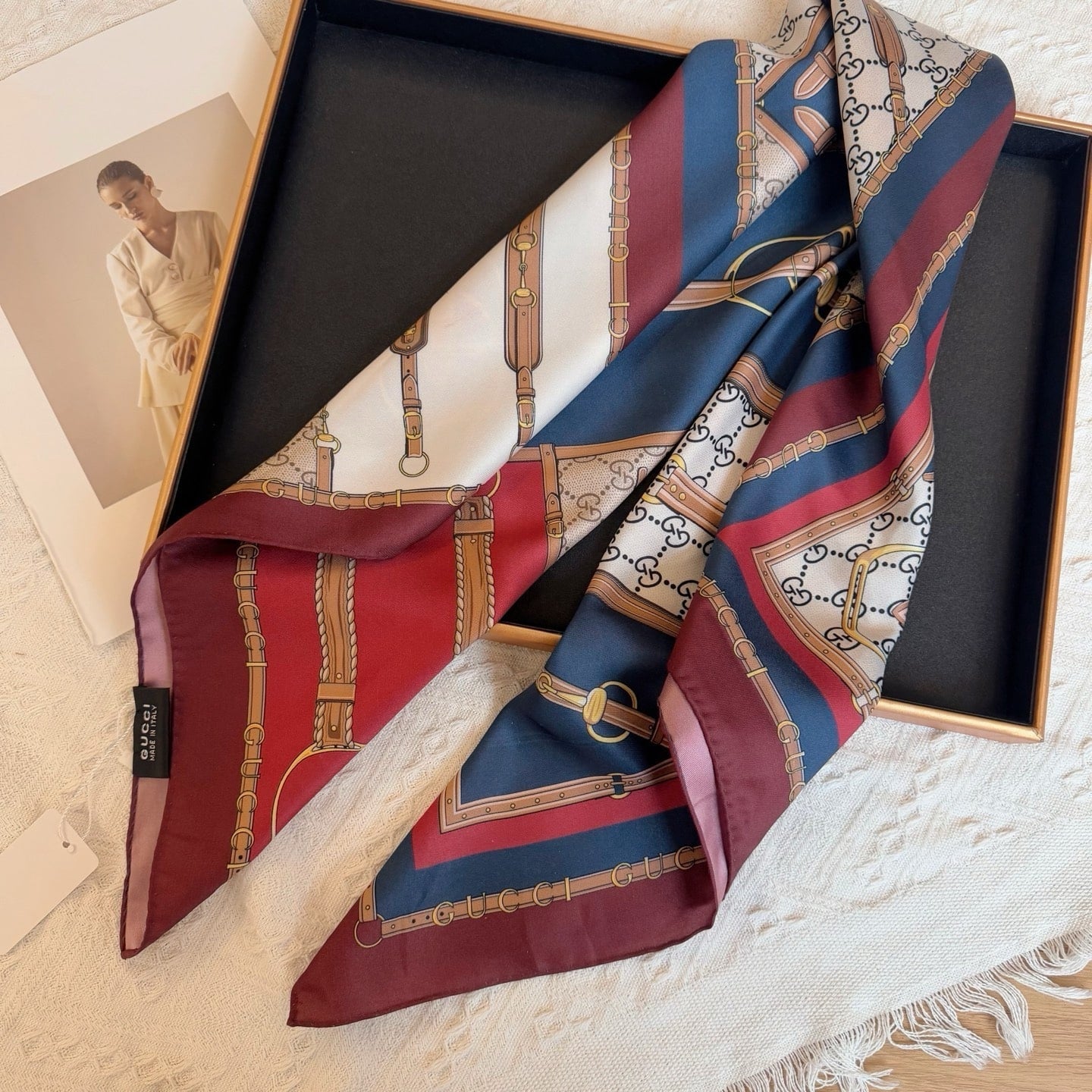GG HERITAGE PRINT SILK SCARF BROWN AND RED 90CM 786222 3G001 6168