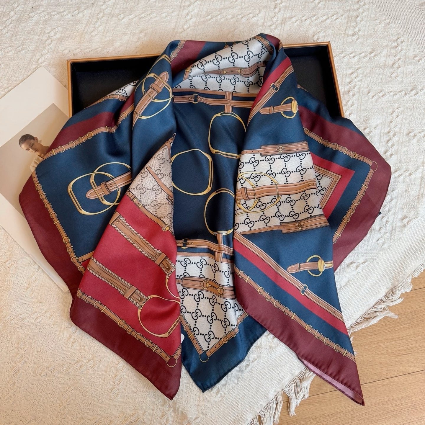 GG HERITAGE PRINT SILK SCARF BROWN AND RED 90CM 786222 3G001 6168