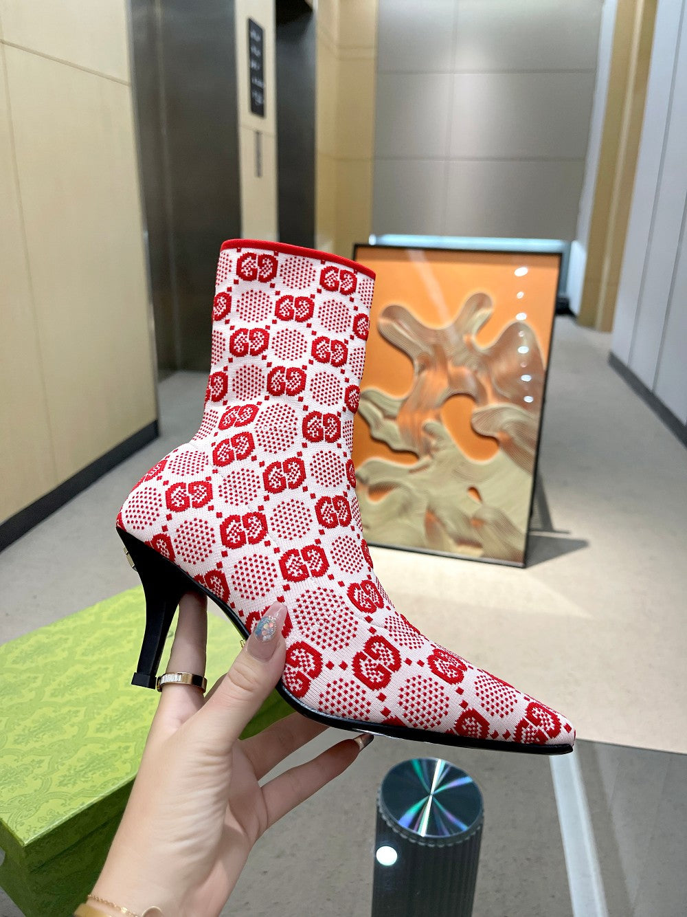 GG GG 75MM KNIT ANKLE BOOTS RED FLUORESCENT WHITE FABRIC 718378 FAAQP 5810