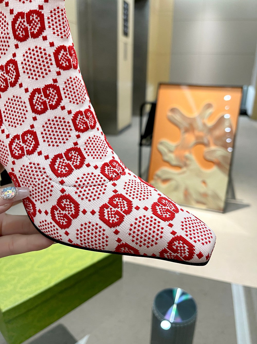 GG GG 75MM KNIT ANKLE BOOTS RED FLUORESCENT WHITE FABRIC 718378 FAAQP 5810