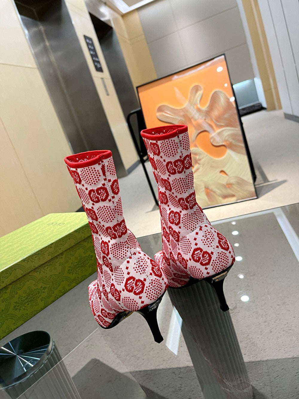 GG GG 75MM KNIT ANKLE BOOTS RED FLUORESCENT WHITE FABRIC 718378 FAAQP 5810