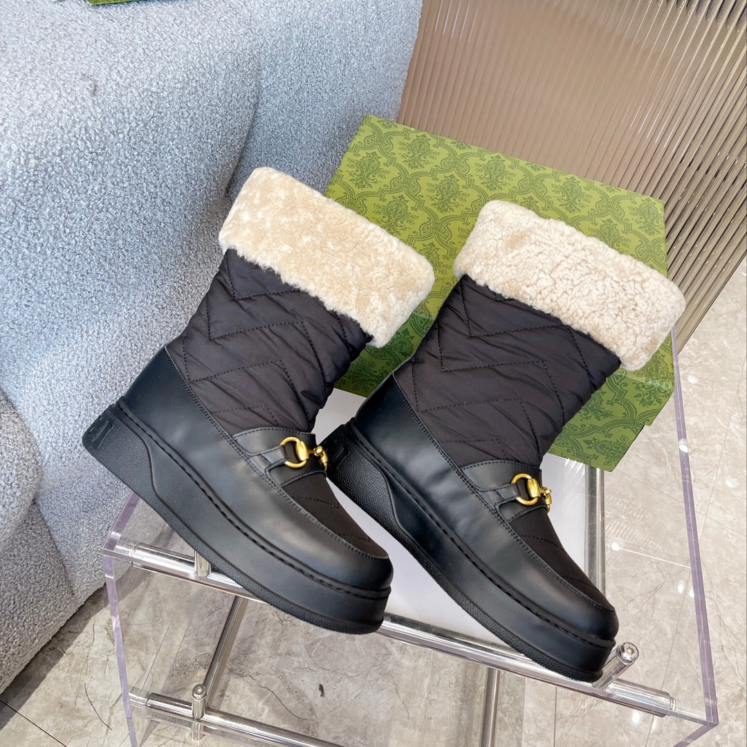 GG HORSEBIT CHEVRON QUILTED BOOTS BLACK