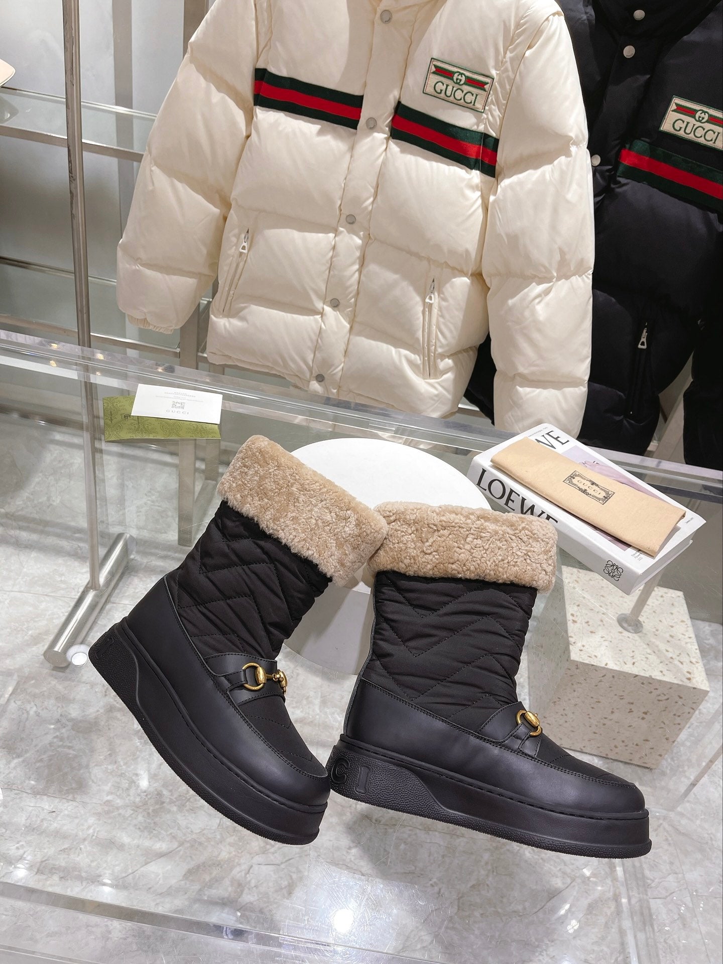 GG HORSEBIT CHEVRON QUILTED BOOTS BLACK