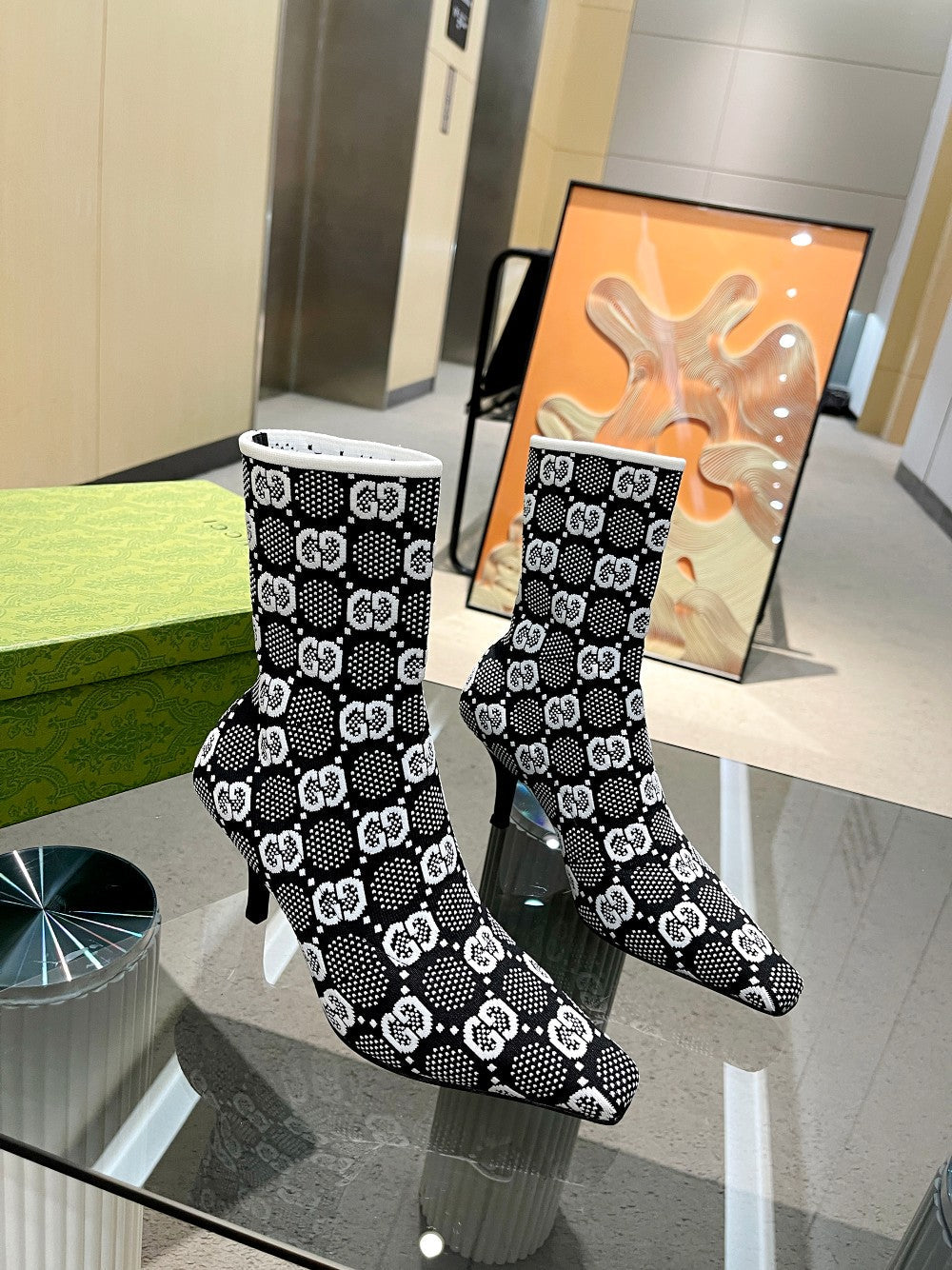 GG GG 75MM KNIT ANKLE BOOTS BLACK WHITE FABRIC 718378 FAAQP 1008