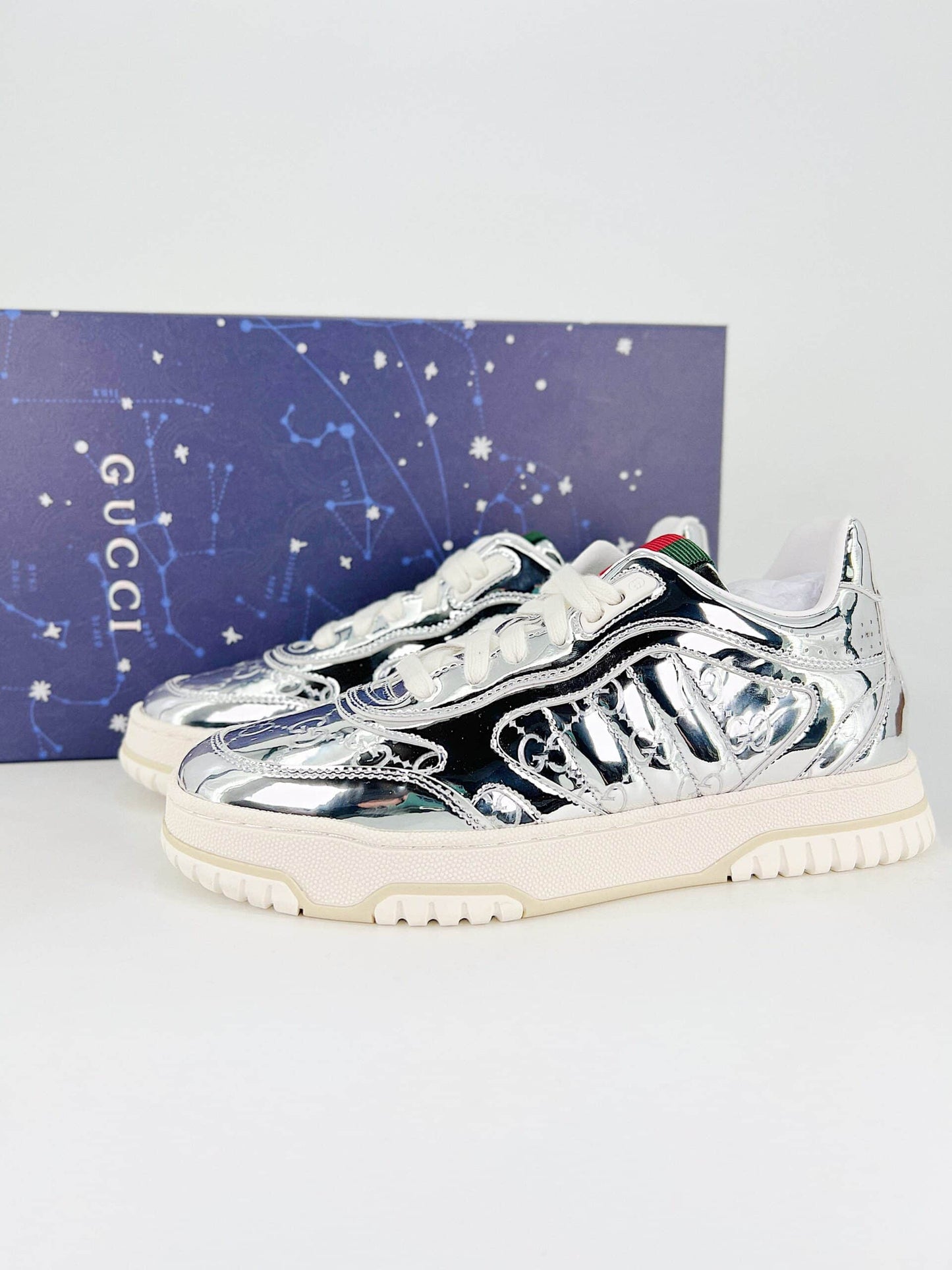 GG WOMEN'S RE WEB SNEAKER SILVER 825961 FAD56 8144