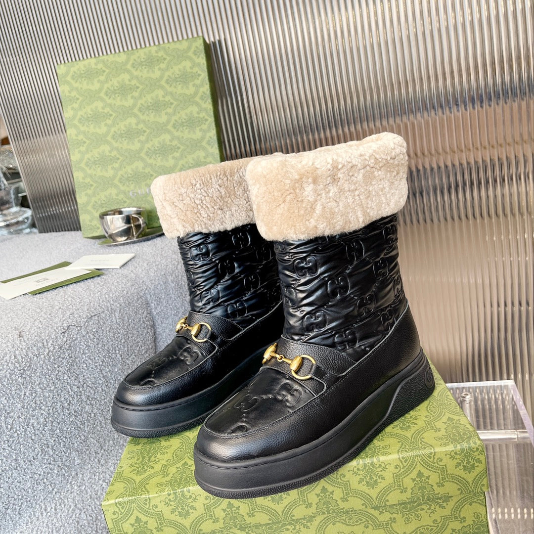 GG 1955 HORSEBIT SNOW BOOTS JACQUARD FABRIC BLACK LEATHER